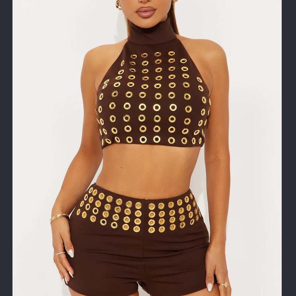 Fashion Nova Brown Crop-top grommet and Micro Shorts Large